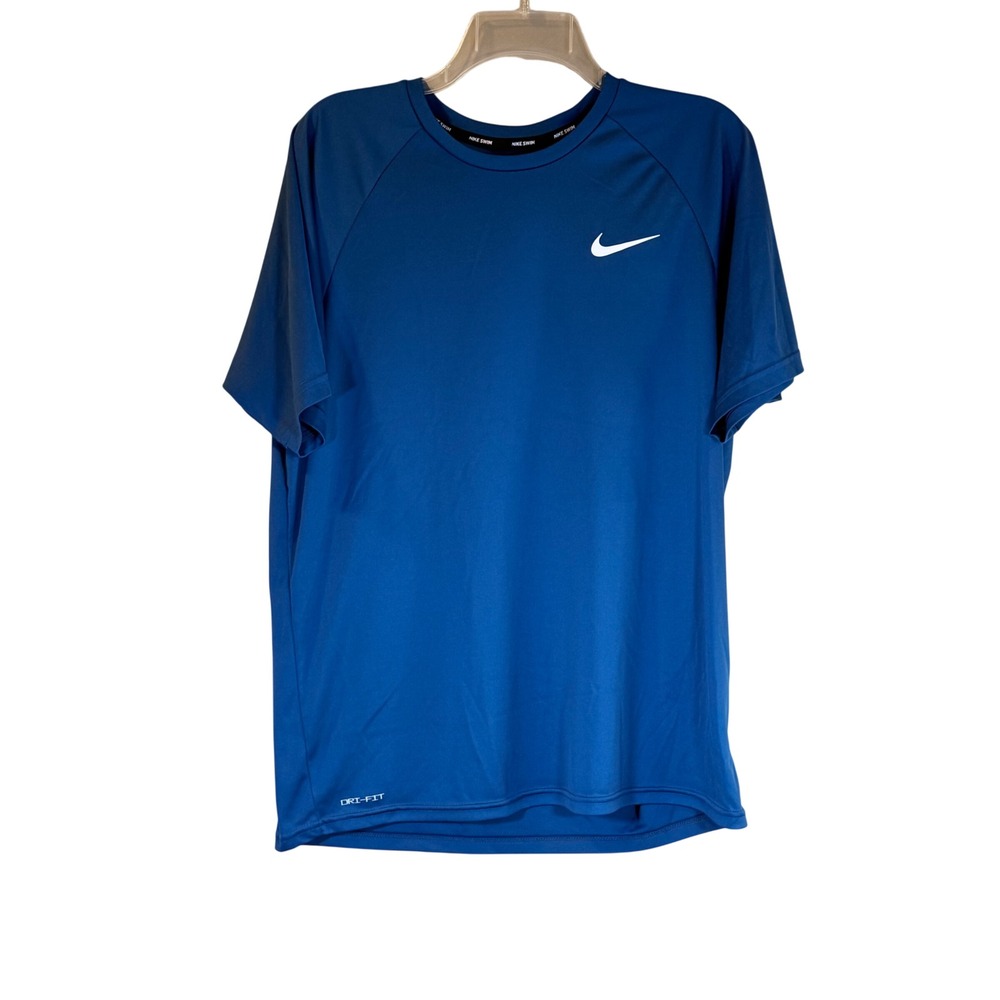 Nike Swim‎ Rash Guard Mens L Blue UPF 40+ Dri-FIT Short Sleeve Shirt Beach Vaca